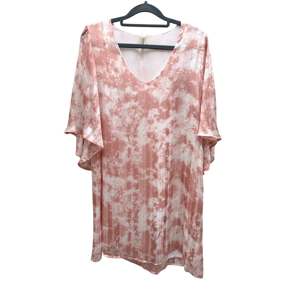 Tyche Shift Dress Tie Dye V-Neck Pink White Size Small Flutter Sleeve Mini - Picture 2 of 5